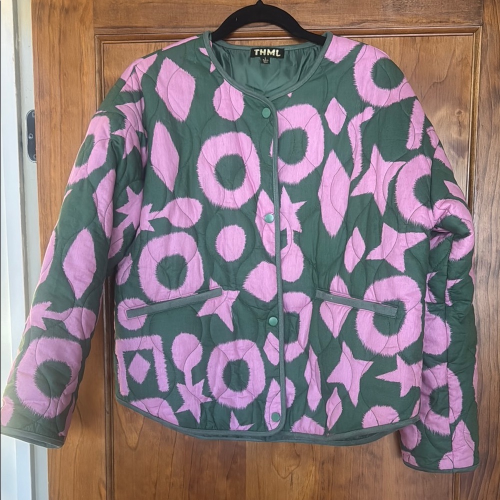 THML Abstract Green and Pink Quilted Jacket